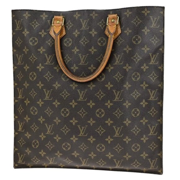 LOUIS VUITTON Logo Sac Plat Hand Tote Bag Monogram Leather Brown - Picture 12 of 14